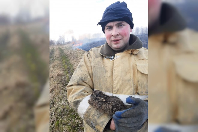 Смоленский пожарный спас из огня зайчонка