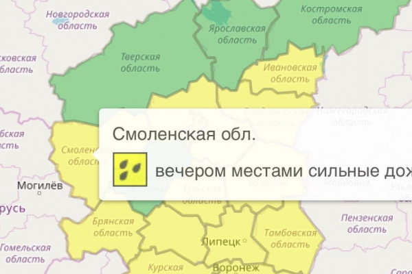 В Смоленске и области объявили повышенный уровень погодной опасности из-за дождя