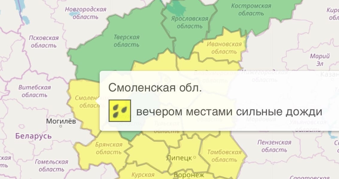 В Смоленске и области объявили повышенный уровень погодной опасности из-за дождя